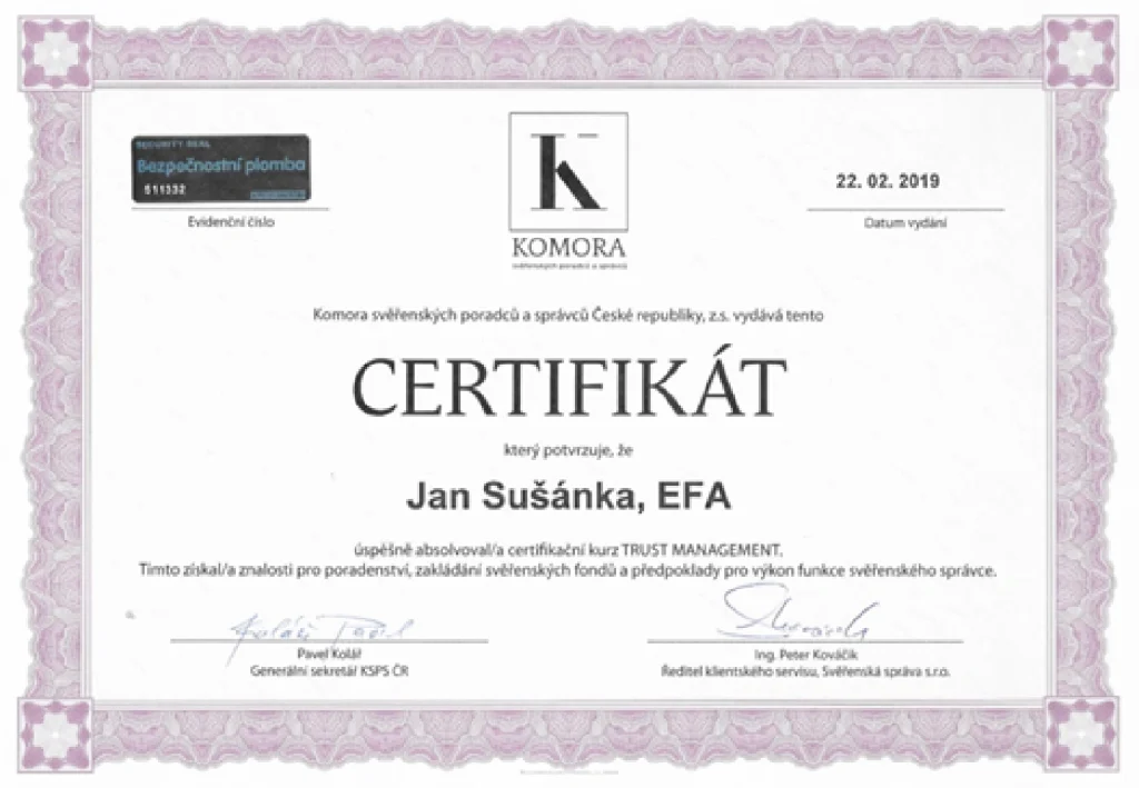 Jan Sušánka - Certifikát poradenství